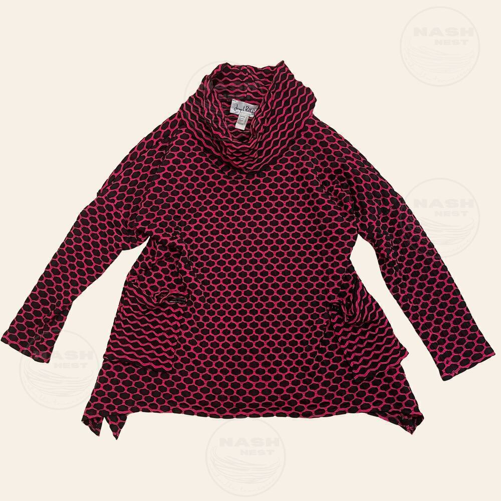 Joseph Ribkoff US 8 Cowl Neck Tunic | Pink Black Wave Print Textured Knit Pocket